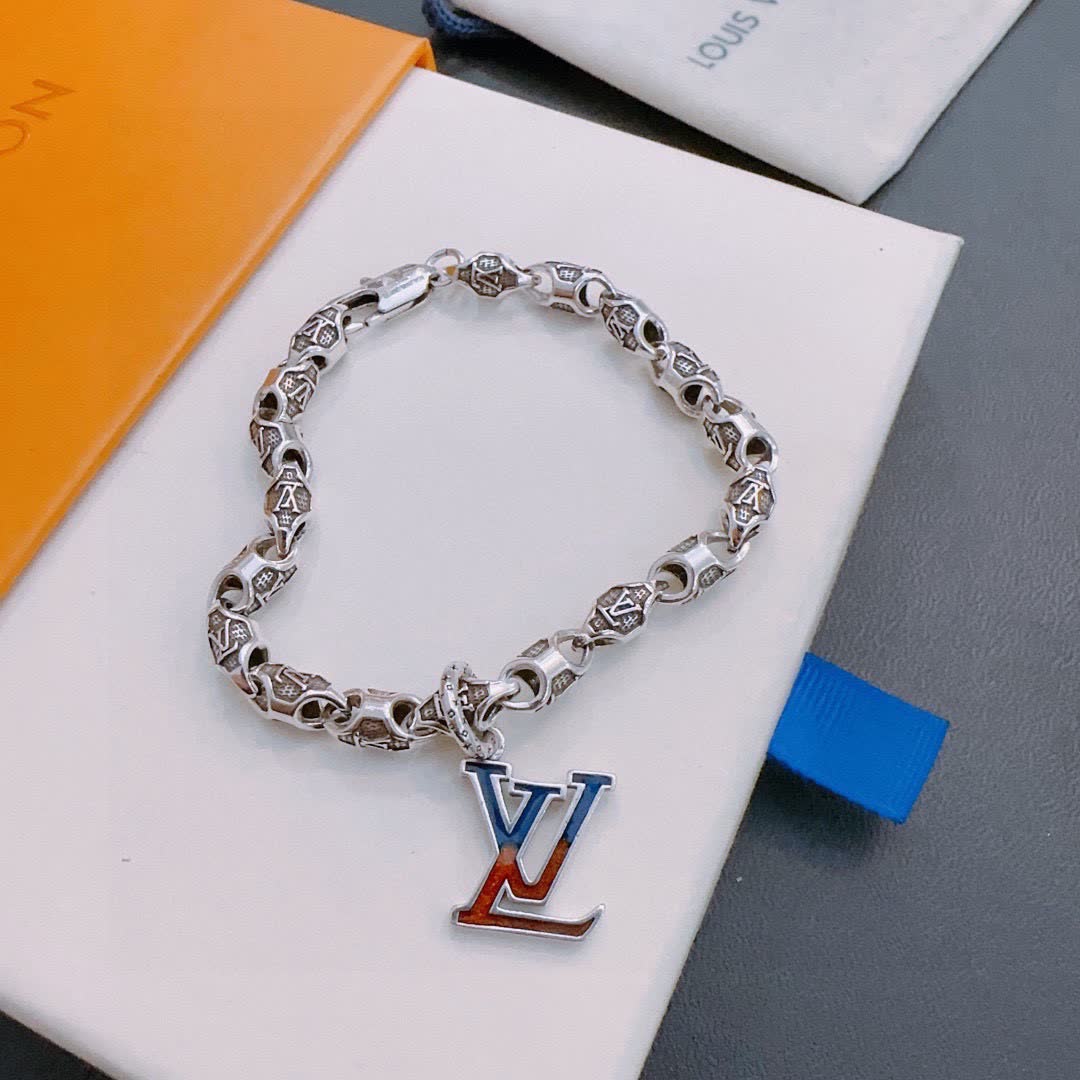 Louis Vuitton Silver Bracelet with LV Logo Charm